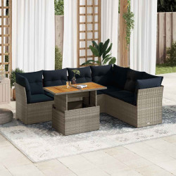 7 Pcs conjunto sofás p/ jardim c/ almofadões vime PE cinzento