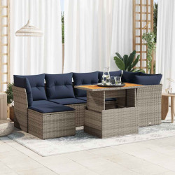 7 Pcs conjunto sofás p/ jardim c/ almofadões vime PE cinzento