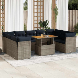 10 Pcs conjunto sofás de jardim c/ almofadões vime PE cinzento