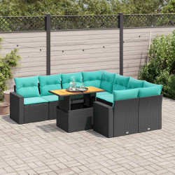 9 Pcs conjunto de sofás p/ jardim c/ almofadões vime PE preto