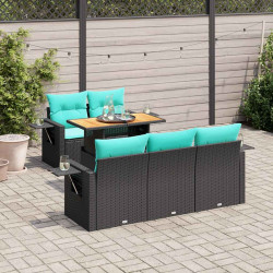 6 Pcs conjunto sofás de jardim c/ almofadões vime PE preto