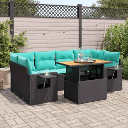 7 Pcs conjunto de sofás p/ jardim c/ almofadões vime PE preto