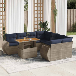 9 Pcs conjunto sofás p/ jardim com almofadões vime PE cinzento