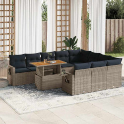 11 Pcs conjunto sofás de jardim c/ almofadões vime PE cinzento