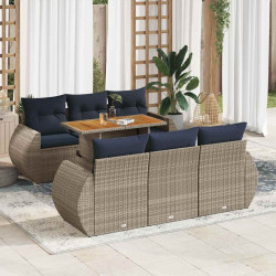 7 Pcs conjunto sofás p/ jardim c/ almofadões vime PE cinzento