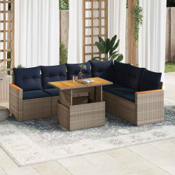 7 Pcs conjunto sofás p/ jardim c/ almofadões vime PE cinzento