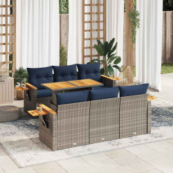 7 Pcs conjunto sofás p/ jardim c/ almofadões vime PE cinzento