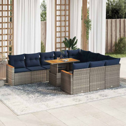 11 Pcs conjunto sofás de jardim c/ almofadões vime PE cinzento