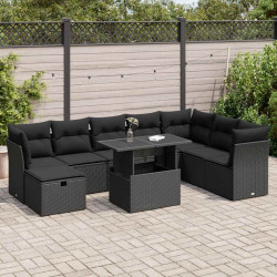 9 Pcs conjunto de sofás p/ jardim c/ almofadões vime PE preto