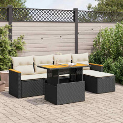 6 Pcs conjunto sofás jardim c/ almofadões vime PE/acácia preto