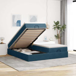 Estrutura de cama otomana com colchão azul escuro veludo