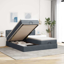 Moldura de cama otomana com colchão cinza escuro veludo