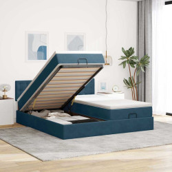 Estrutura de cama otomana com colchão azul escuro veludo