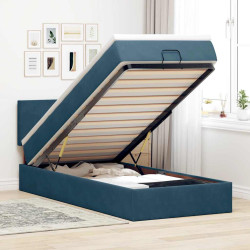 Estrutura de cama otomana com colchão azul escuro veludo