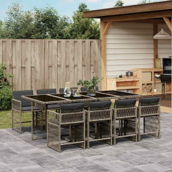 9 Pcs conjunto de jantar p/ jardim c/ almofadões vime PE cinza