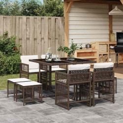 9 Pcs conjunto jantar p/ jardim c/ almofadões vime PE castanho