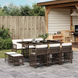 11 Pcs conjunto jantar p/ jardim c/ almofadões vime PE castanho