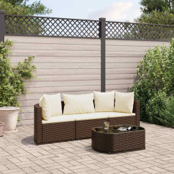 4 Pcs conjunto sofás de jardim c/ almofadões vime PE castanho