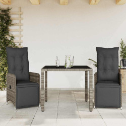 3 Pcs conjunto bistrô de jardim c/ almofadões vime PE cinza