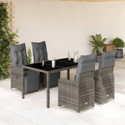 5 Pcs conjunto bistrô de jardim c/ almofadões vime PE cinza