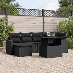 7 Pcs conjunto de sofás p/ jardim c/ almofadões vime PE preto