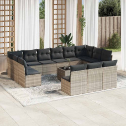 14 Pcs conj. sofás jardim com almofadões vime PE cinzento-claro