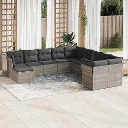 11 Pcs conjunto sofás de jardim c/ almofadões vime PE cinzento