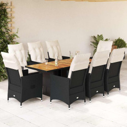 9 Pcs conjunto de jantar p/ jardim c/ almofadões vime PE preto