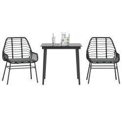 3 Pcs conjunto jantar jardim almofadões vime PE vidro preto
