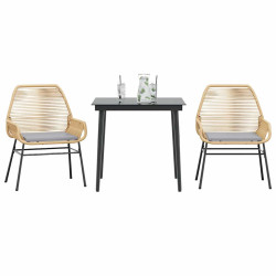 Conjunto jantar jardim 3 peças almofadas vidro vime PE castanho