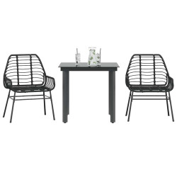 3 Pcs conjunto de jantar para jardim vime PE vidro preto