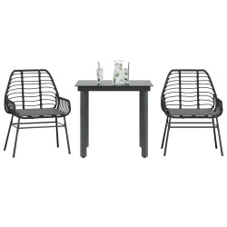 3 Pcs conjunto jantar jardim almofadões vime PE vidro preto