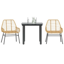 Conjunto jantar jardim 3 peças vidro vime PE castanho