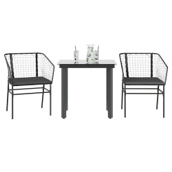 3 Pcs conjunto jantar jardim almofadões vime PE vidro preto