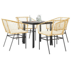Conjunto jantar jardim 5 peças almofadas vidro vime PE castanho