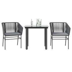 3 Pcs conjunto jantar jardim almofadões vime PE vidro preto