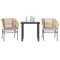 Conjunto jantar jardim 3 peças almofadas vidro vime PE castanho