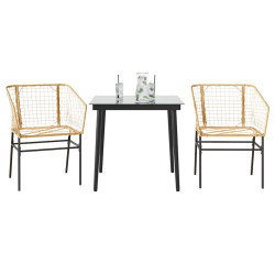 Conjunto jantar jardim 3 peças vidro vime PE castanho