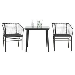 3 Pcs conjunto jantar jardim almofadões vime PE vidro preto
