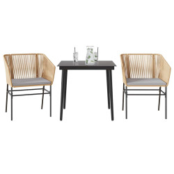 Conjunto jantar jardim 3 peças almofadas vidro vime PE castanho