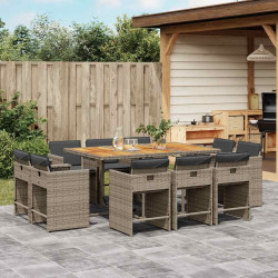 11 Pcs conjunto jantar p/ jardim c/ almofadões vime PE cinzento