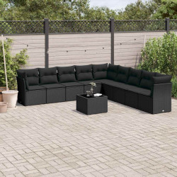 10 Pcs conjunto sofás de jardim c/ almofadões vime PE preto