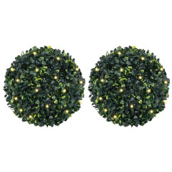 Bolas artificiais de buxo com luzes LED 2 pcs verde 45 cm