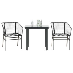 3 Pcs conjunto de jantar para jardim vime PE vidro preto