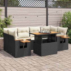 7 Pcs conjunto sofás jardim c/ almofadões vime PE/acácia preto