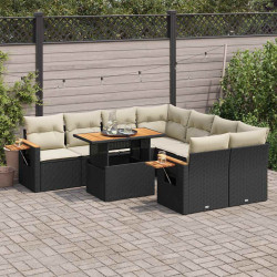9 Pcs conjunto sofás p/ jardim almofadões vime PE/acácia preto