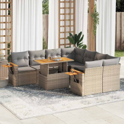 9 Pcs conjunto sofás jardim com almofadões vime PE/acácia bege