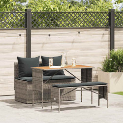 3 Pcs conjunto de jantar p/ jardim c/ almofadões vime PE cinza
