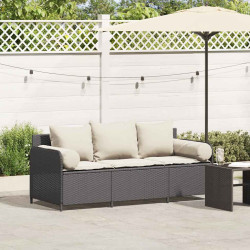 Sofá de jardim 3 lugares com almofadões vime PE preto