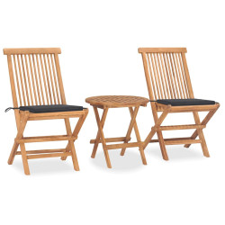 3 Pcs conj. jantar dobrável exterior c/ almofadão teca maciça